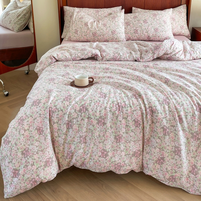 91家纺网 家纺一手货源 找家纺 典曼家纺 2025新款A类母婴级抗菌有氧双层纱亲肤小清新印花三件套四件套 清桃粉