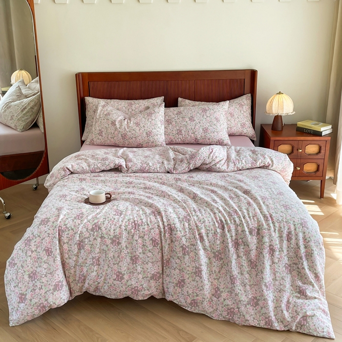 91家纺网 家纺一手货源 找家纺 典曼家纺 2025新款A类母婴级抗菌有氧双层纱亲肤小清新印花三件套四件套 清桃粉