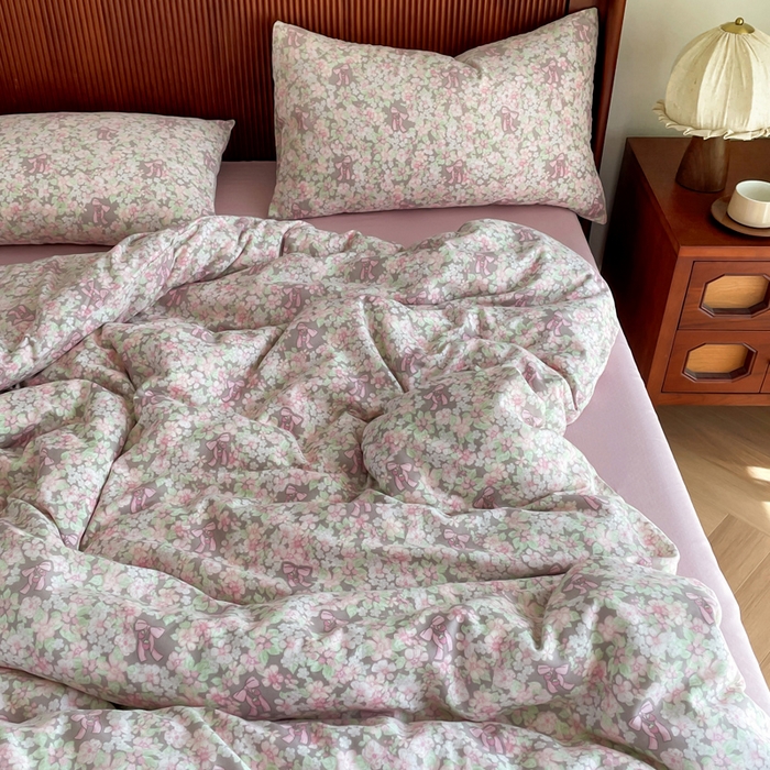 91家纺网 家纺一手货源 找家纺 典曼家纺 2025新款A类母婴级抗菌有氧双层纱亲肤小清新印花三件套四件套 清桃粉