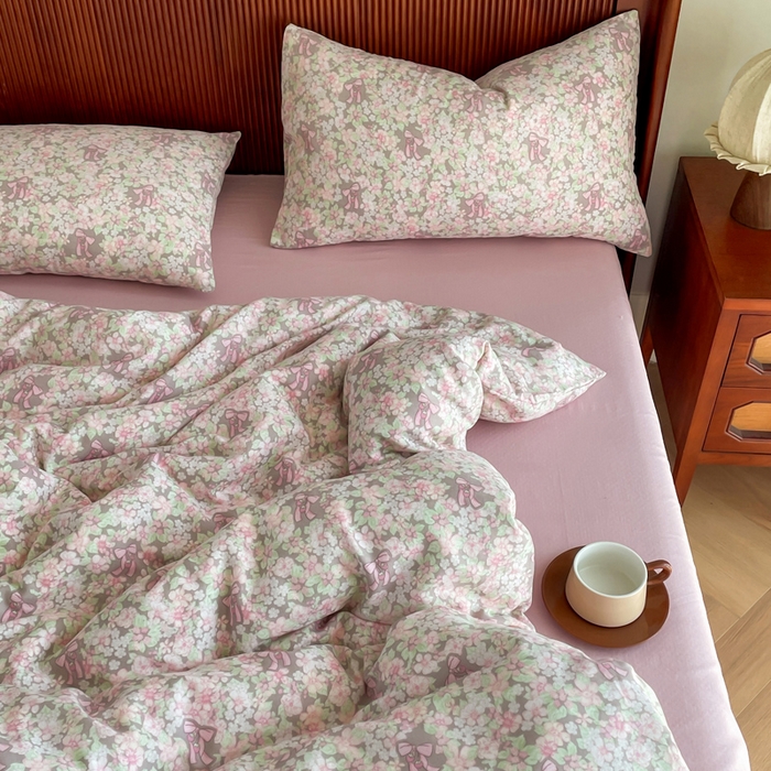 91家纺网 家纺一手货源 找家纺 典曼家纺 2025新款A类母婴级抗菌有氧双层纱亲肤小清新印花三件套四件套 清桃粉