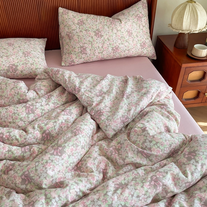 91家纺网 家纺一手货源 找家纺 典曼家纺 2025新款A类母婴级抗菌有氧双层纱亲肤小清新印花三件套四件套 清桃粉