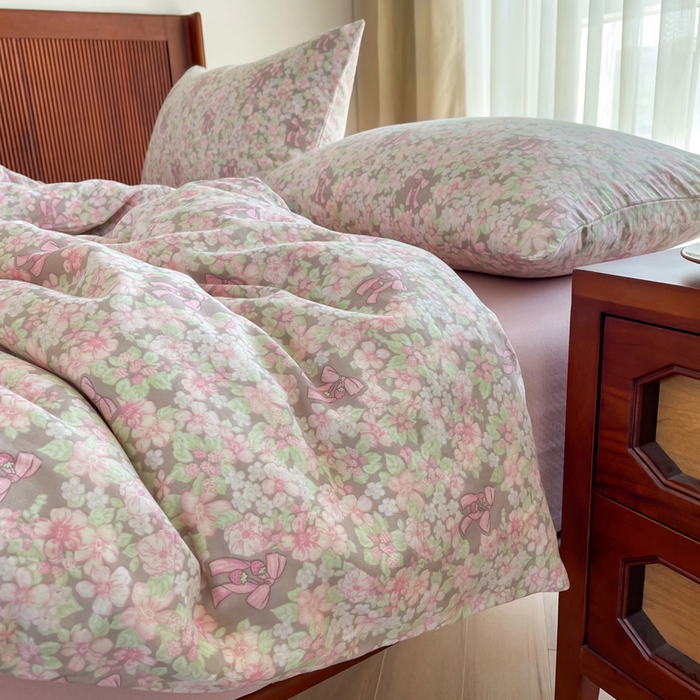 91家纺网 家纺一手货源 找家纺 典曼家纺 2025新款A类母婴级抗菌有氧双层纱亲肤小清新印花三件套四件套 清桃粉