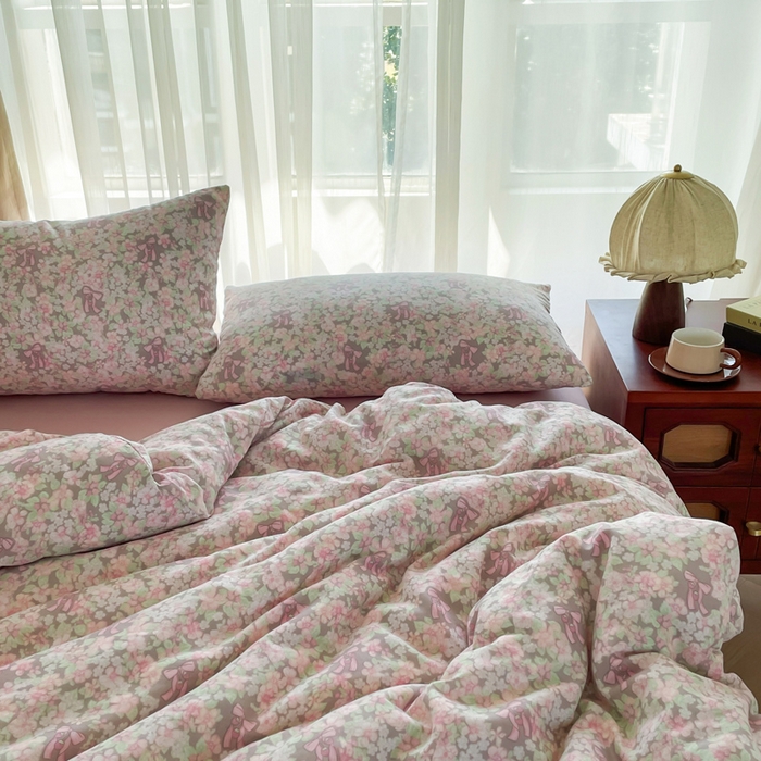 91家纺网 家纺一手货源 找家纺 典曼家纺 2025新款A类母婴级抗菌有氧双层纱亲肤小清新印花三件套四件套 清桃粉