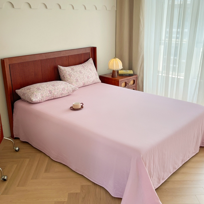 91家纺网 家纺一手货源 找家纺 典曼家纺 2025新款A类母婴级抗菌有氧双层纱亲肤小清新印花三件套四件套 清桃粉