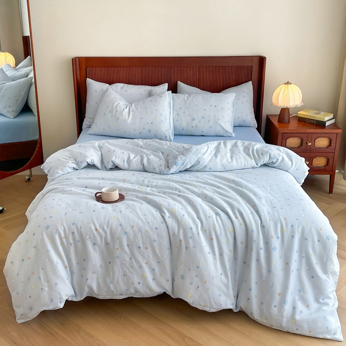 91家纺网 家纺一手货源 找家纺 典曼家纺 2025新款A类母婴级抗菌有氧双层纱亲肤小清新印花三件套四件套 星星世界