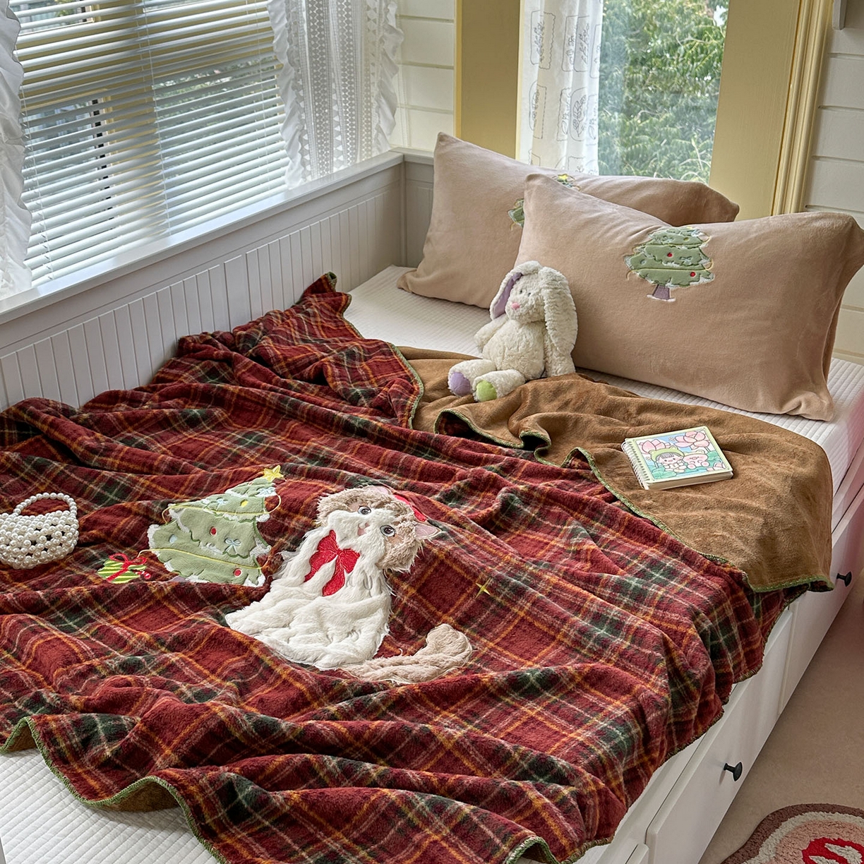 91家纺网 家纺一手货源 找家纺 柚子YOUTH 2025新款牛奶绒羊绒多功能毯毯子 红格猫