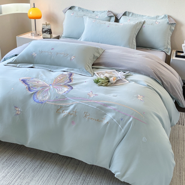 91家纺网 家纺一手货源 找家纺 桃园 新款纯棉全棉长绒棉磨毛不掉毛四件套高端礼盒-蝶町系列（包含买家秀） 飘蓝