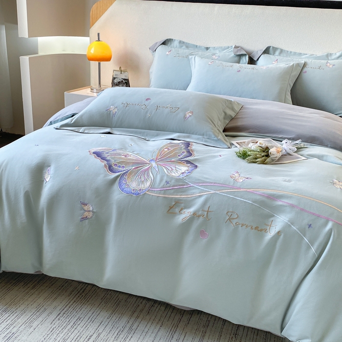 91家纺网 家纺一手货源 找家纺 桃园 新款纯棉全棉长绒棉磨毛不掉毛四件套高端礼盒-蝶町系列（包含买家秀） 飘蓝