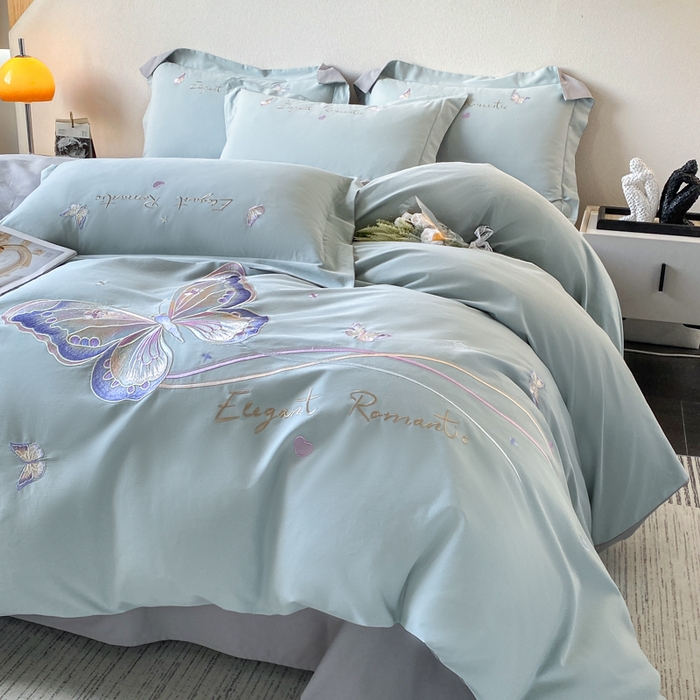 91家纺网 家纺一手货源 找家纺 桃园 新款纯棉全棉长绒棉磨毛不掉毛四件套高端礼盒-蝶町系列（包含买家秀） 飘蓝