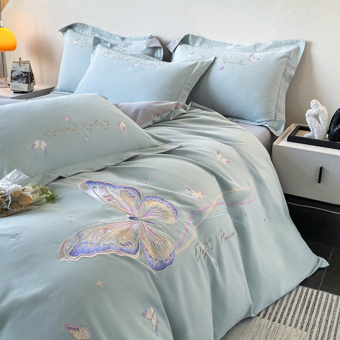 91家纺网 家纺一手货源 找家纺 桃园 新款纯棉全棉长绒棉磨毛不掉毛四件套高端礼盒-蝶町系列（包含买家秀） 飘蓝