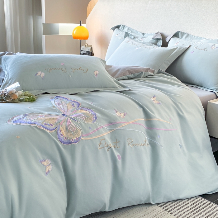 91家纺网 家纺一手货源 找家纺 桃园 新款纯棉全棉长绒棉磨毛不掉毛四件套高端礼盒-蝶町系列（包含买家秀） 飘蓝