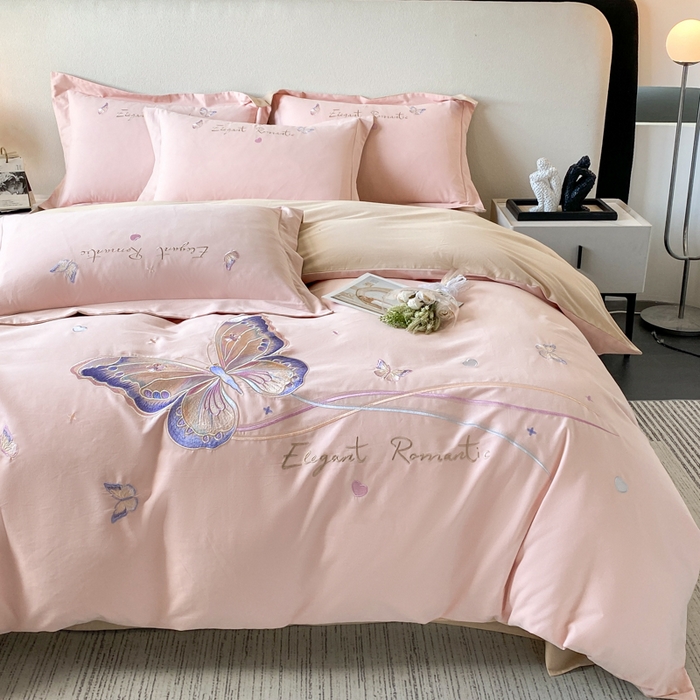 91家纺网 家纺一手货源 找家纺 桃园 新款纯棉全棉长绒棉磨毛不掉毛四件套高端礼盒-蝶町系列（包含买家秀） 轻奢粉