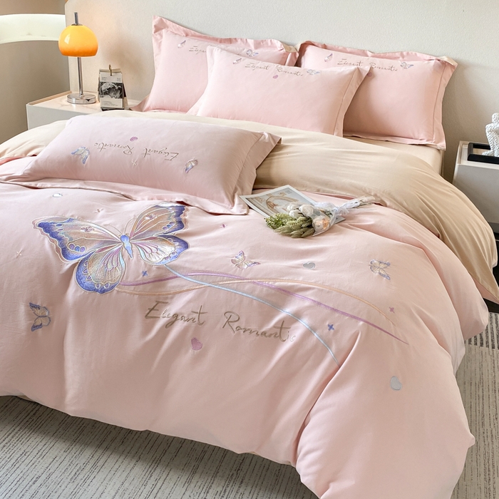 91家纺网 家纺一手货源 找家纺 桃园 新款纯棉全棉长绒棉磨毛不掉毛四件套高端礼盒-蝶町系列（包含买家秀） 轻奢粉