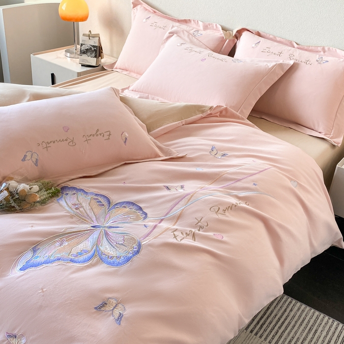 91家纺网 家纺一手货源 找家纺 桃园 新款纯棉全棉长绒棉磨毛不掉毛四件套高端礼盒-蝶町系列（包含买家秀） 轻奢粉