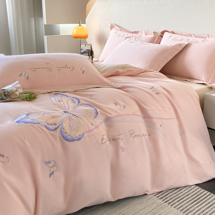 91家纺网 家纺一手货源 找家纺 桃园 新款纯棉全棉长绒棉磨毛不掉毛四件套高端礼盒-蝶町系列（包含买家秀） 轻奢粉