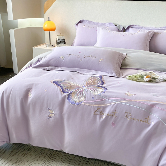 91家纺网 家纺一手货源 找家纺 桃园 新款纯棉全棉长绒棉磨毛不掉毛四件套高端礼盒-蝶町系列（包含买家秀） 香芋紫