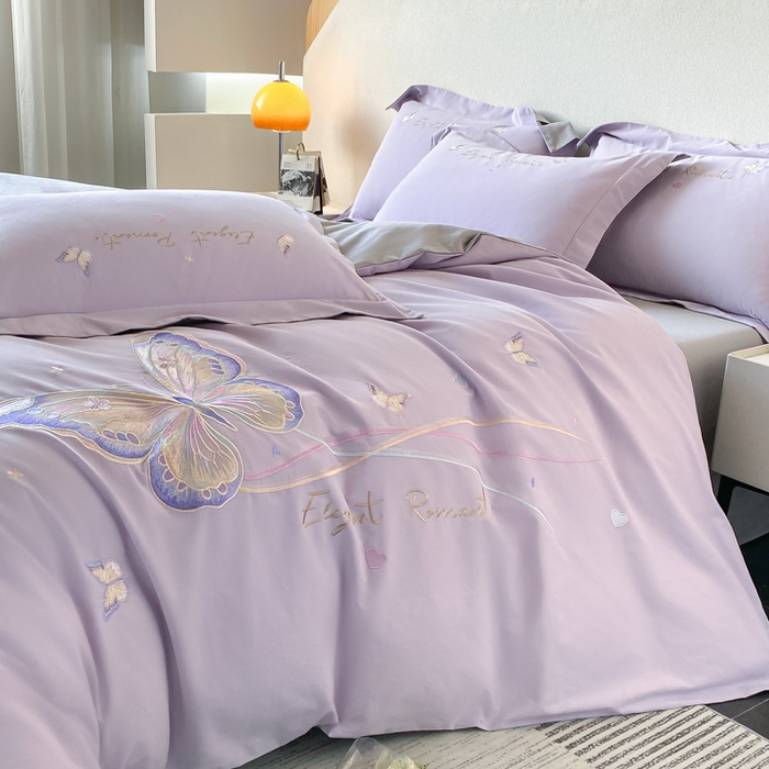 91家纺网 家纺一手货源 找家纺 桃园 新款纯棉全棉长绒棉磨毛不掉毛四件套高端礼盒-蝶町系列（包含买家秀） 香芋紫