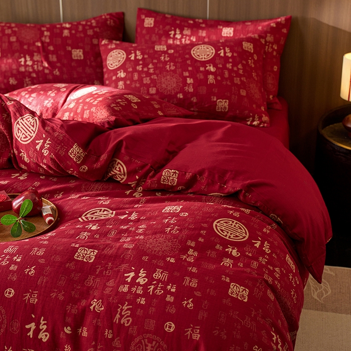 91家纺网 家纺一手货源 找家纺 （总）千朵森 2025新款全棉色织提花大红婚庆四件套