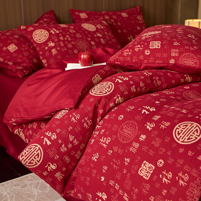 91家纺网 家纺一手货源 找家纺 （总）千朵森 2025新款全棉色织提花大红婚庆四件套