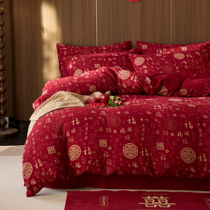91家纺网 家纺一手货源 找家纺 千朵森 2025新款全棉色织提花大红婚庆四件套 囍意满床