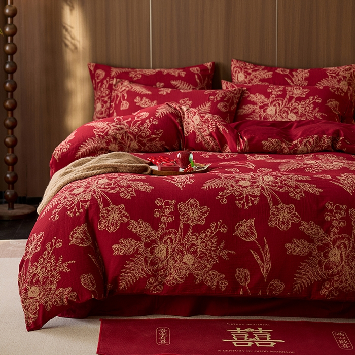 91家纺网 家纺一手货源 找家纺 千朵森 2025新款全棉色织提花大红婚庆四件套 囍韵繁花