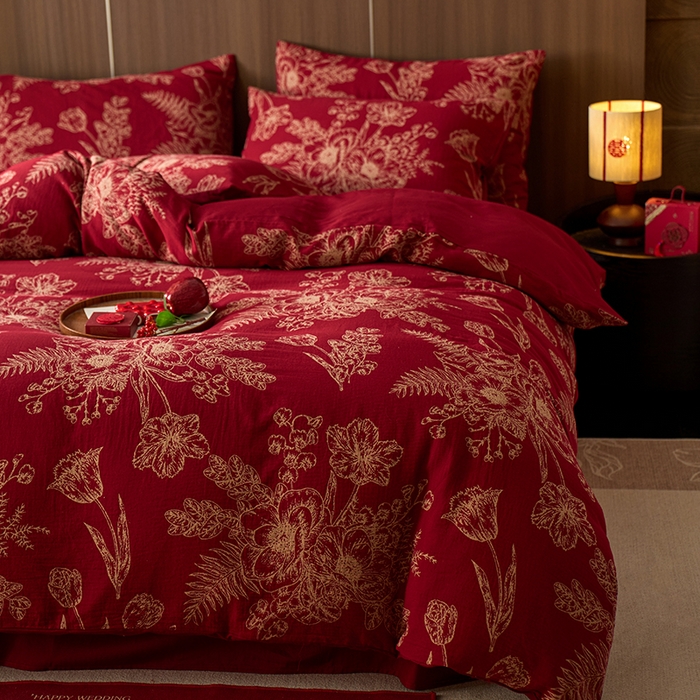 91家纺网 家纺一手货源 找家纺 千朵森 2025新款全棉色织提花大红婚庆四件套 囍韵繁花