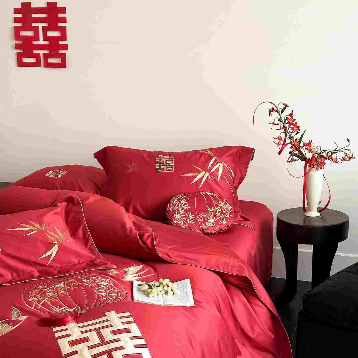 91家纺网 家纺一手货源 找家纺 （总）西西家居 2025新款长绒棉高密度提花拼接大红婚庆四件套-双囍临门（会员-20元 各平台严格控价劵后不低于388元起）