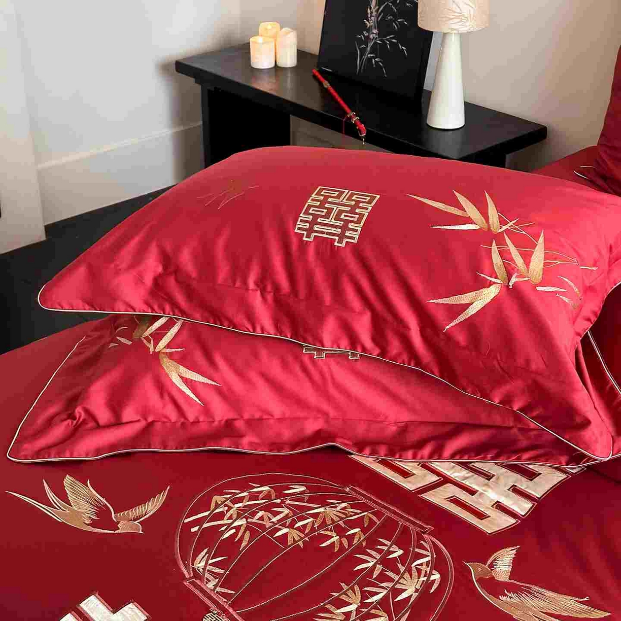 91家纺网 家纺一手货源 找家纺 （总）西西家居 2025新款长绒棉高密度提花拼接大红婚庆四件套-双囍临门（会员-20元 各平台严格控价劵后不低于388元起）