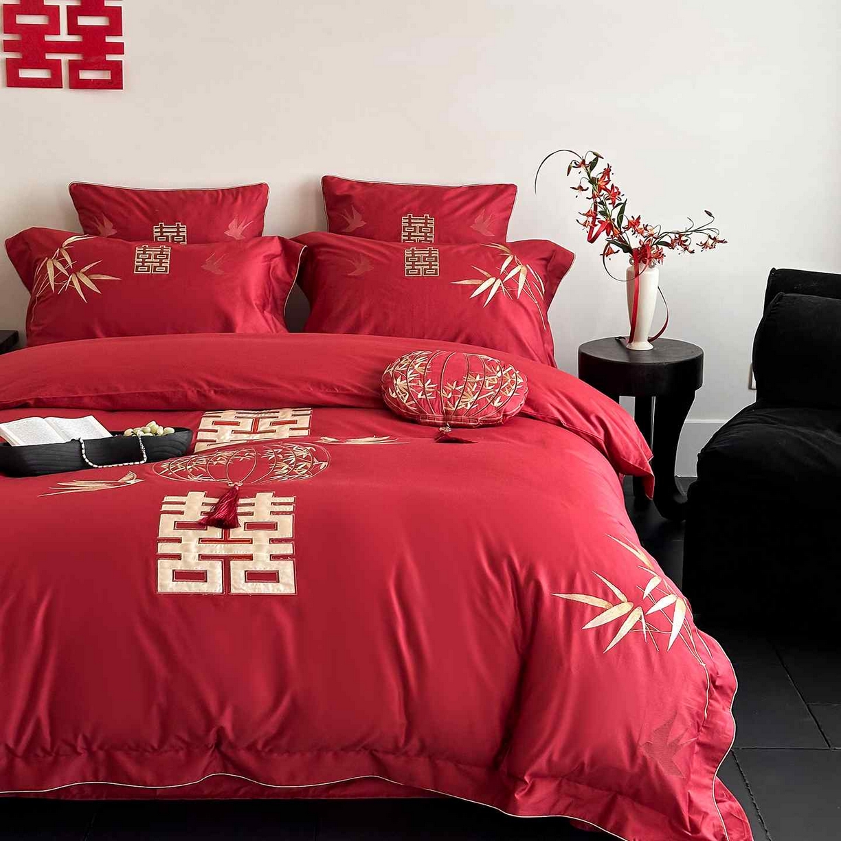 （总）西西家居 2025新款长绒棉高密度提花拼接大红婚庆四件套-双囍临门（会员-20元 各平台严格控价劵后不低于388元起）