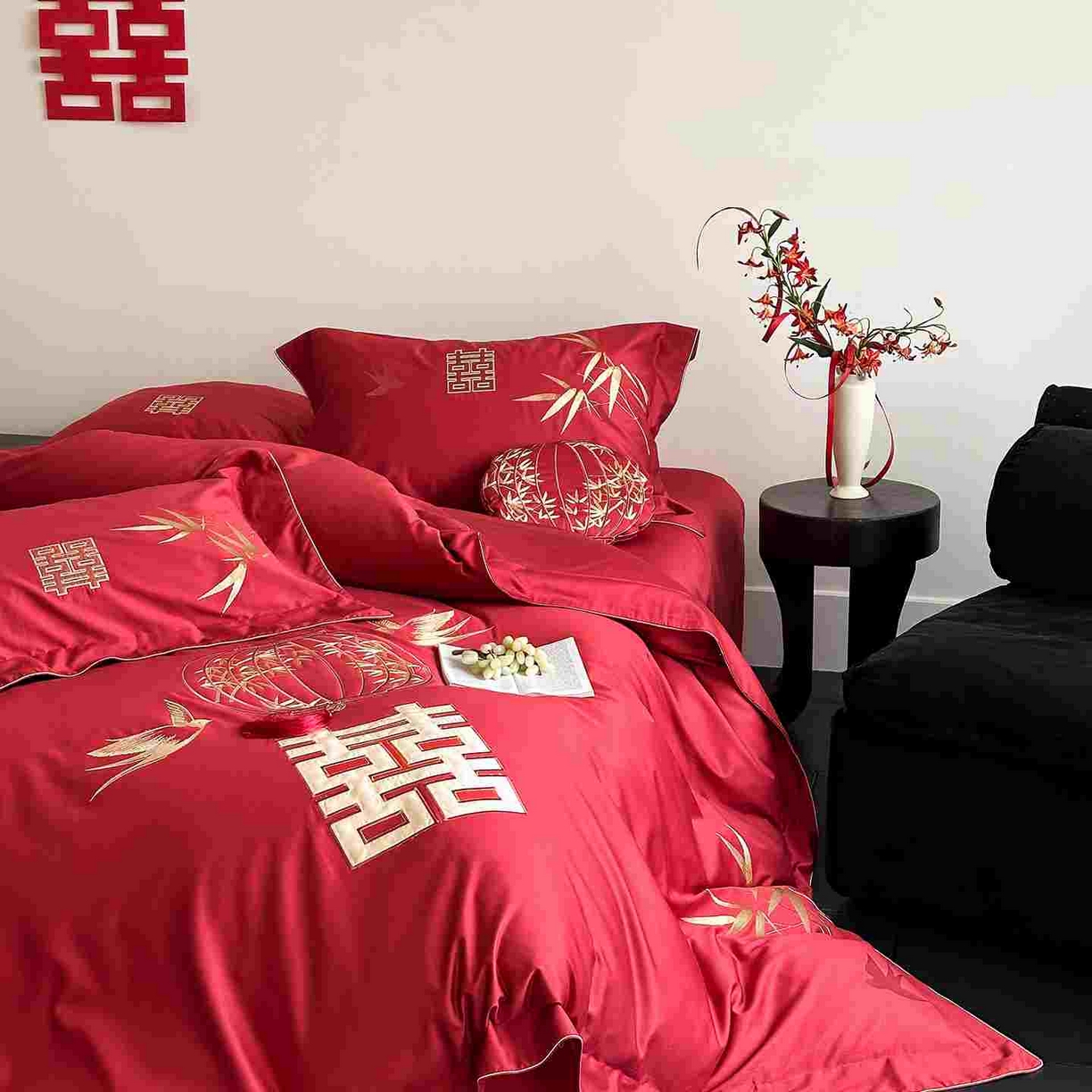 91家纺网 家纺一手货源 找家纺 （总）西西家居 2025新款长绒棉高密度提花拼接大红婚庆四件套-双囍临门（会员-20元 各平台严格控价劵后不低于388元起）