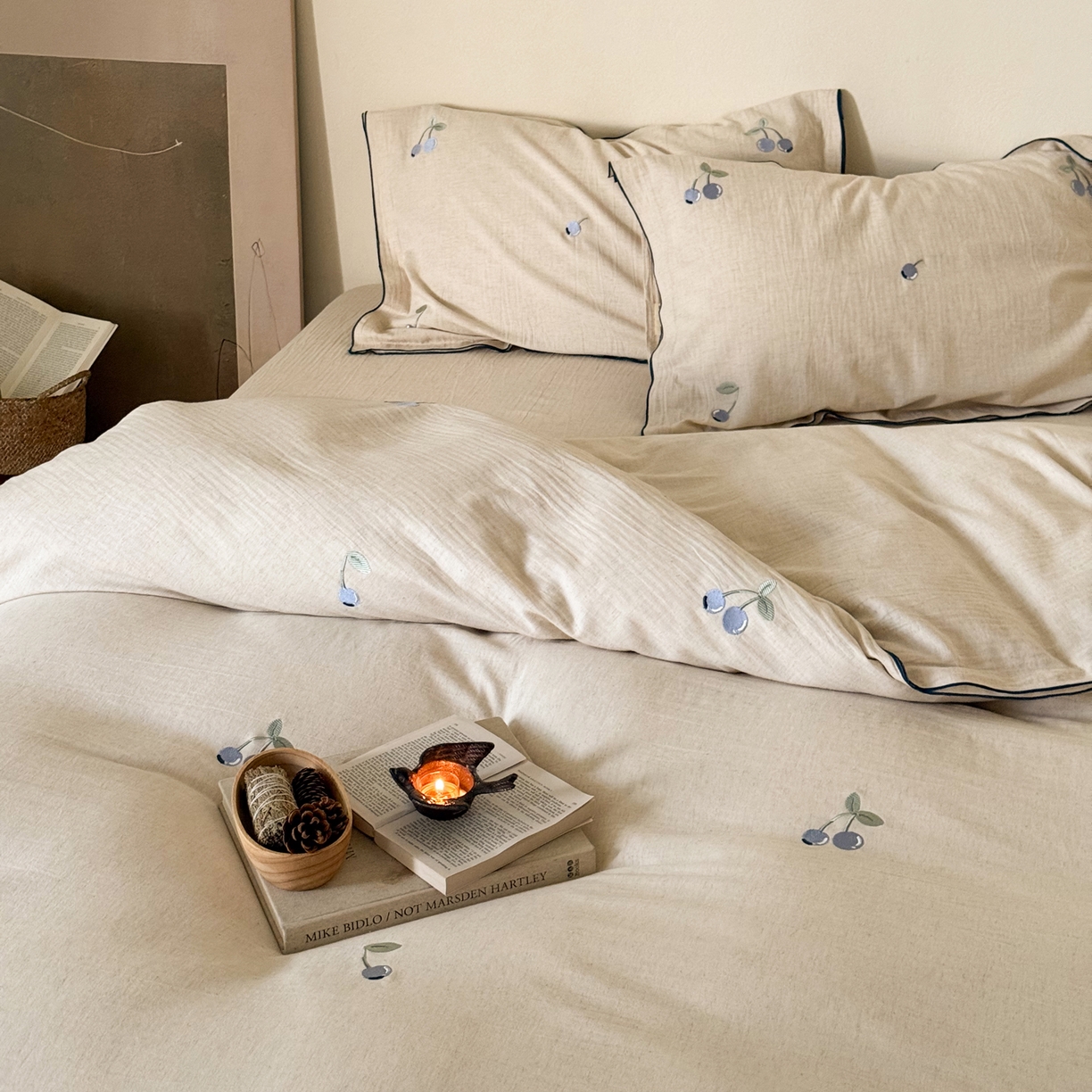 91家纺网 家纺一手货源 找家纺 （总）华超针织 2025新款棉麻密拷边刺绣四件套-蓝莓