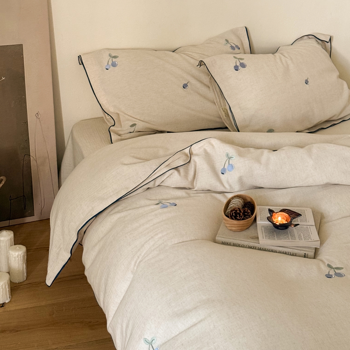 91家纺网 家纺一手货源 找家纺 （总）华超针织 2025新款棉麻密拷边刺绣四件套-蓝莓