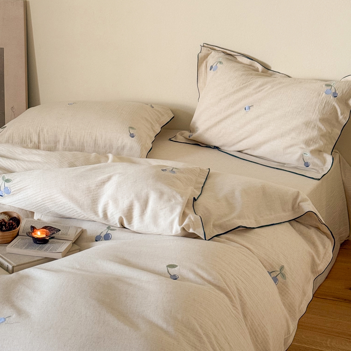 91家纺网 家纺一手货源 找家纺 （总）华超针织 2025新款棉麻密拷边刺绣四件套-蓝莓