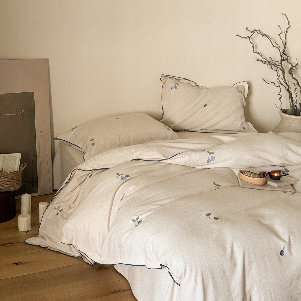 91家纺网 家纺一手货源 找家纺 （总）华超针织 2025新款棉麻密拷边刺绣四件套-蓝莓