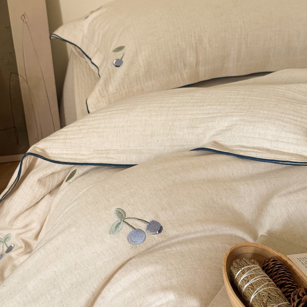 91家纺网 家纺一手货源 找家纺 （总）华超针织 2025新款棉麻密拷边刺绣四件套-蓝莓