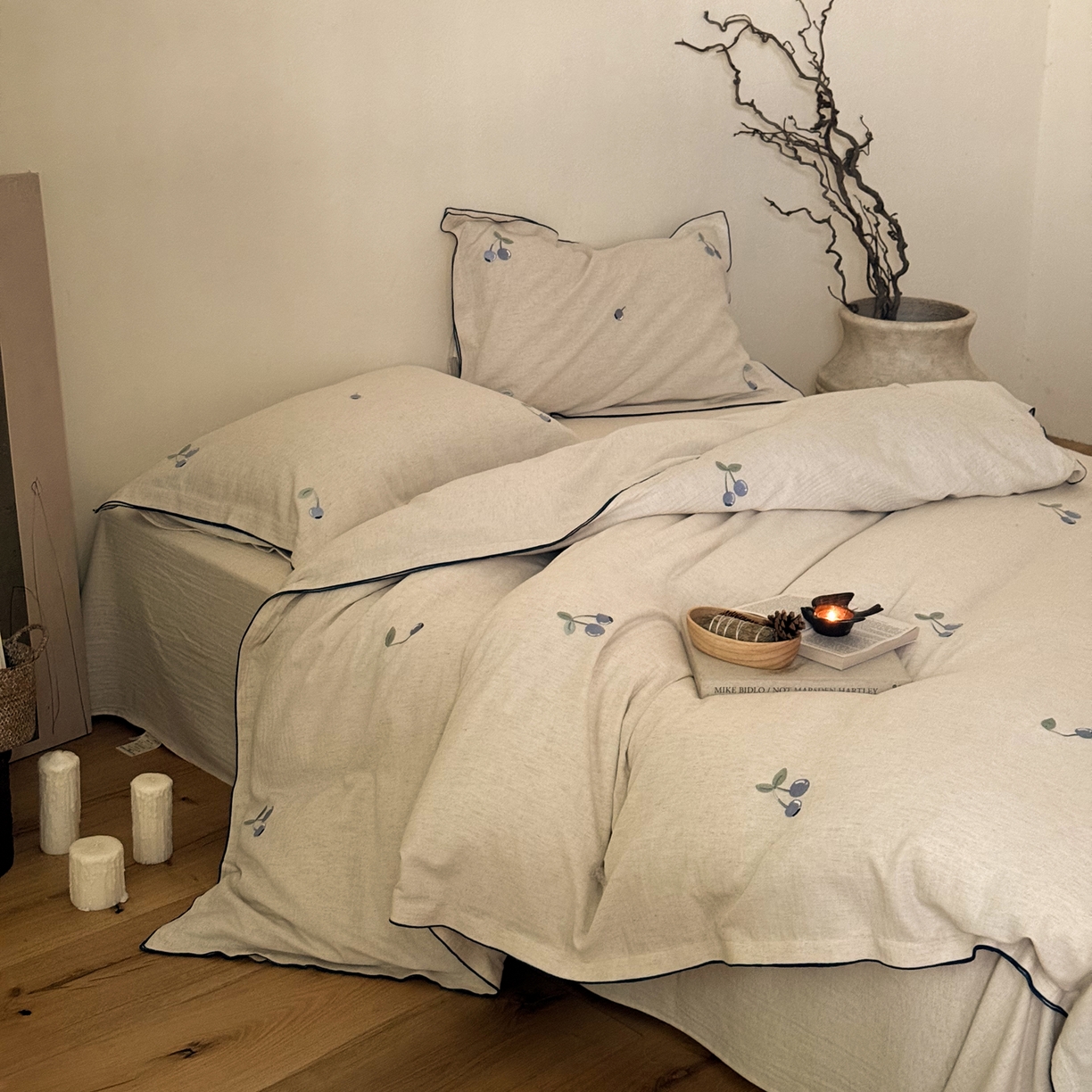 91家纺网 家纺一手货源 找家纺 （总）华超针织 2025新款棉麻密拷边刺绣四件套-蓝莓