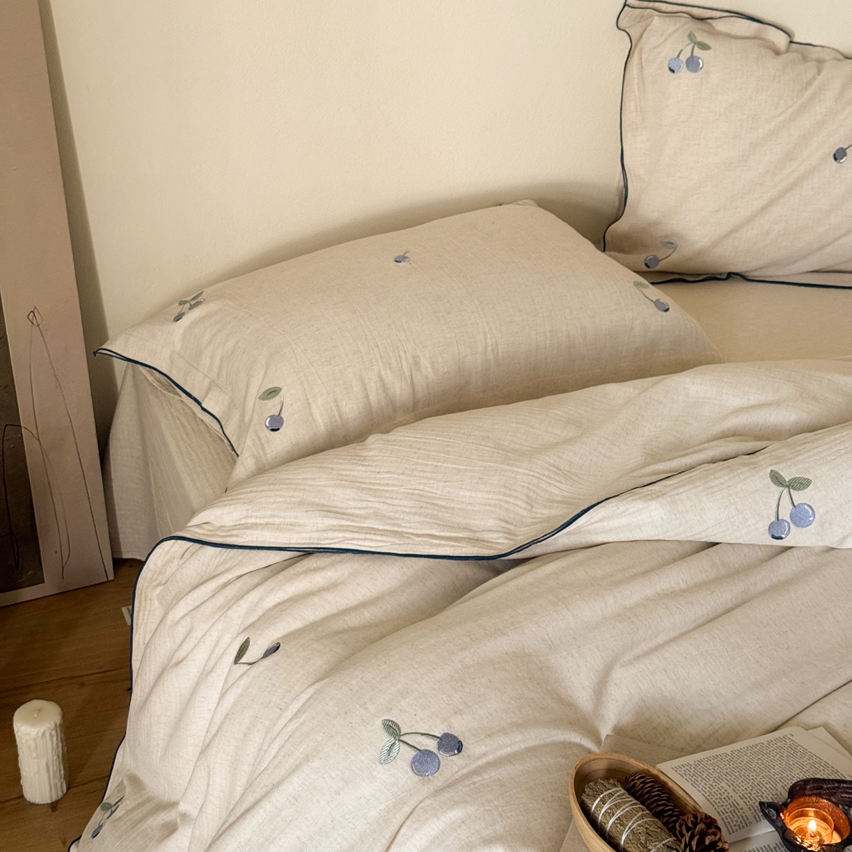 91家纺网 家纺一手货源 找家纺 （总）华超针织 2025新款棉麻密拷边刺绣四件套-蓝莓