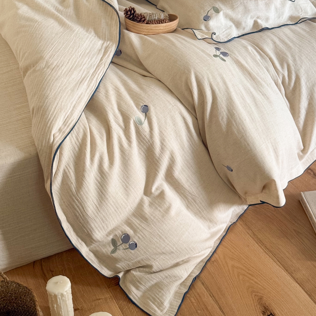 91家纺网 家纺一手货源 找家纺 （总）华超针织 2025新款棉麻密拷边刺绣四件套-蓝莓