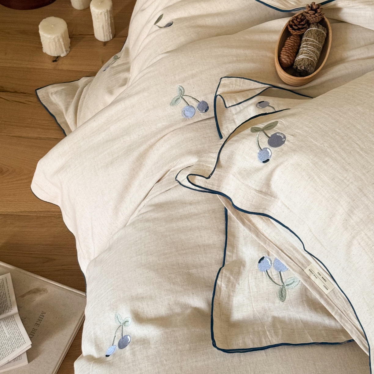 91家纺网 家纺一手货源 找家纺 （总）华超针织 2025新款棉麻密拷边刺绣四件套-蓝莓