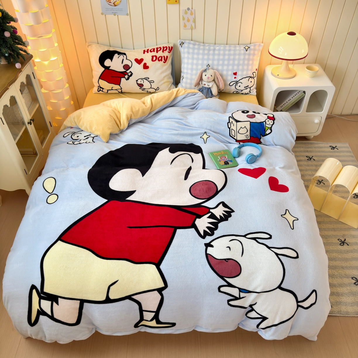 91家纺网 家纺一手货源 找家纺 一霖家纺 2025新款大版卡通牛奶绒四件套 俏皮小新-黄