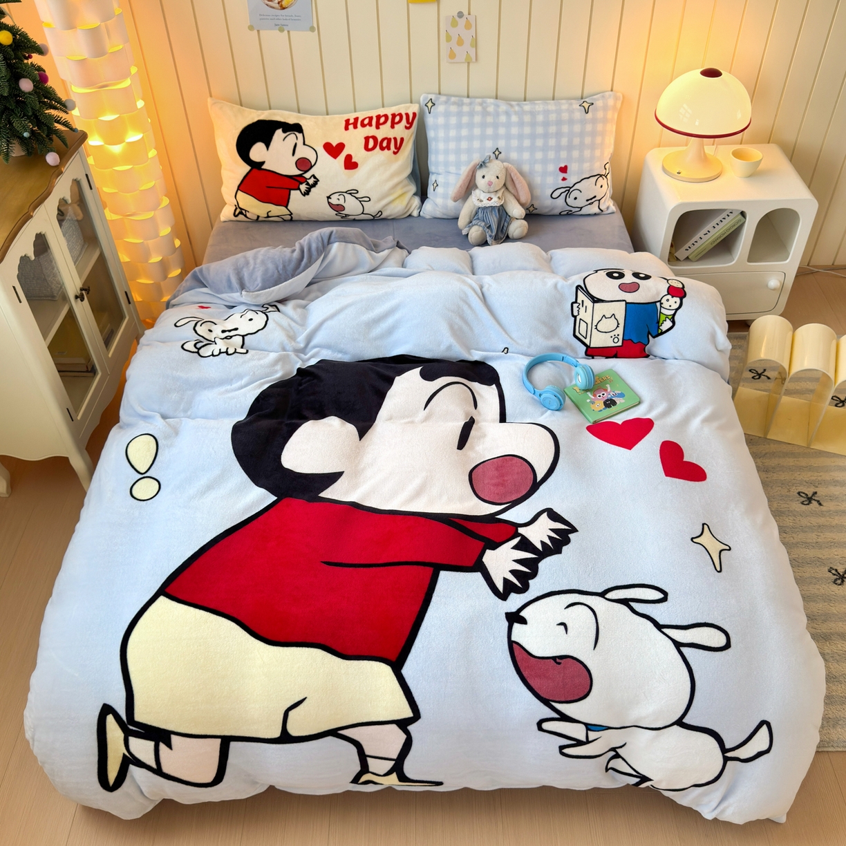 一霖家纺 2025新款大版卡通牛奶绒四件套 俏皮小新-蓝