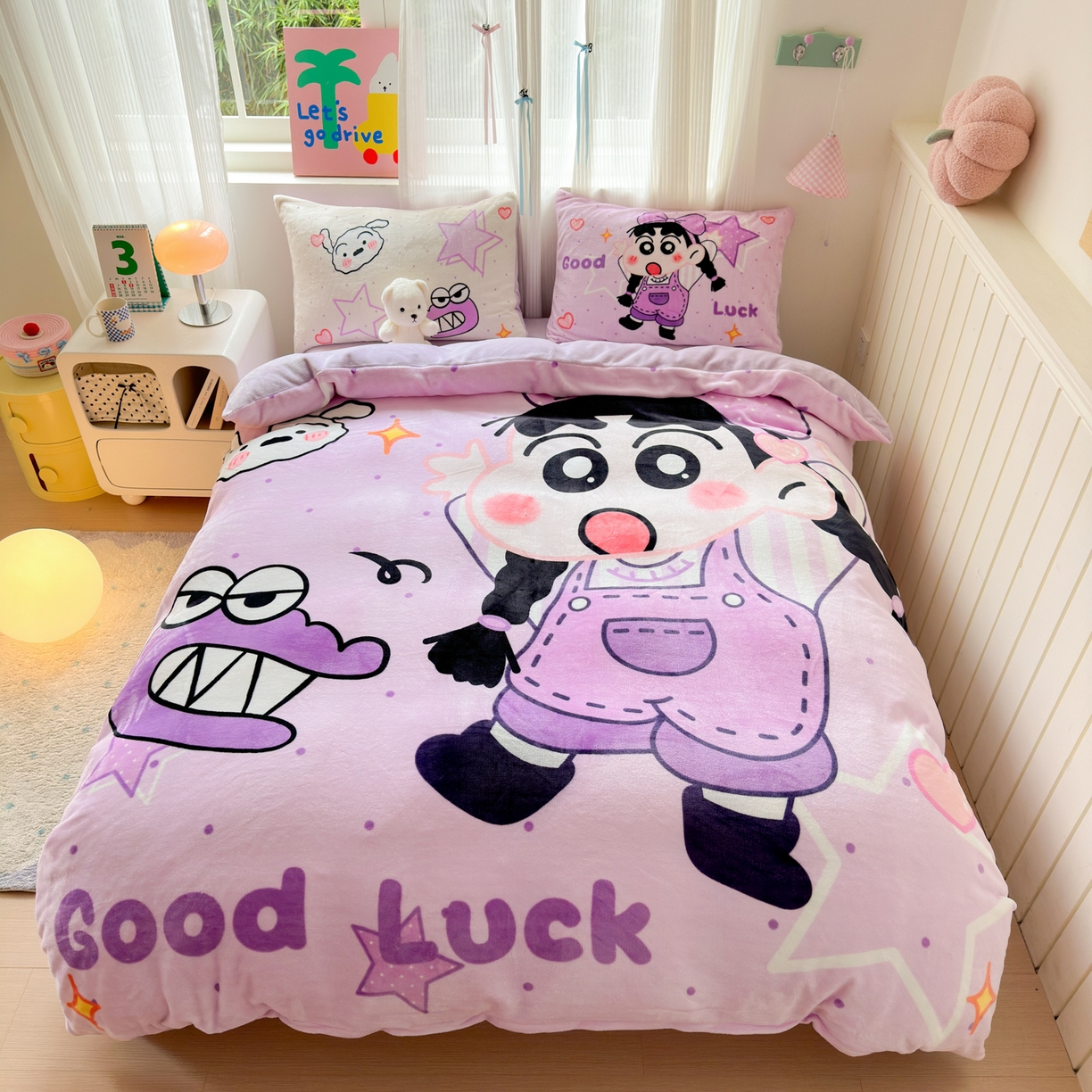 91家纺网 家纺一手货源 找家纺 一霖家纺 2025新款大版卡通牛奶绒四件套 搞怪新新紫