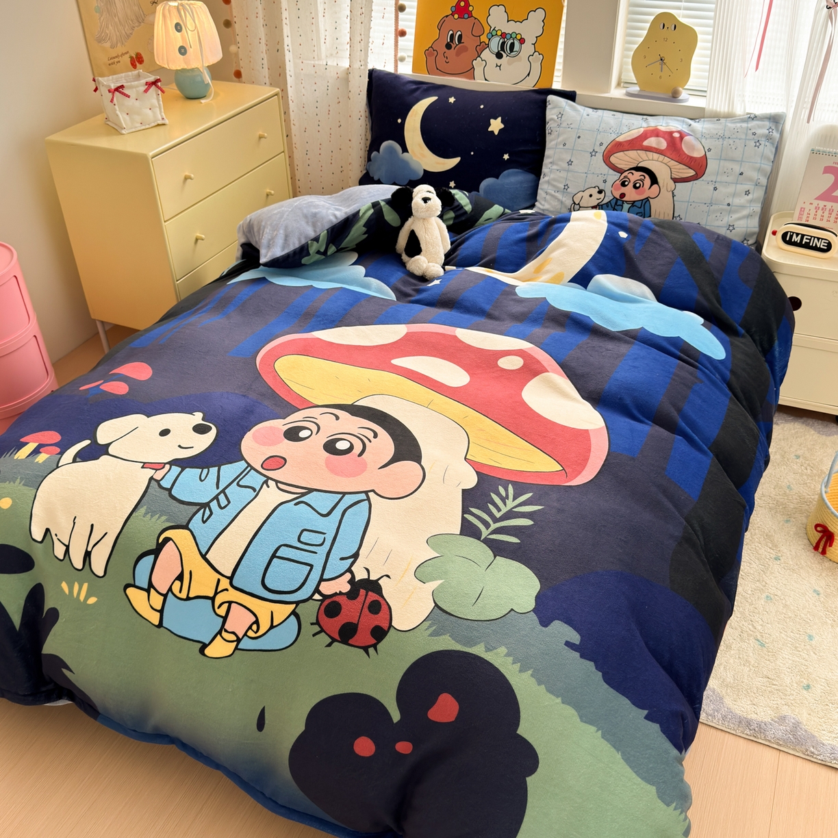 91家纺网 家纺一手货源 找家纺 一霖家纺 2025新款大版卡通牛奶绒四件套 星空小新