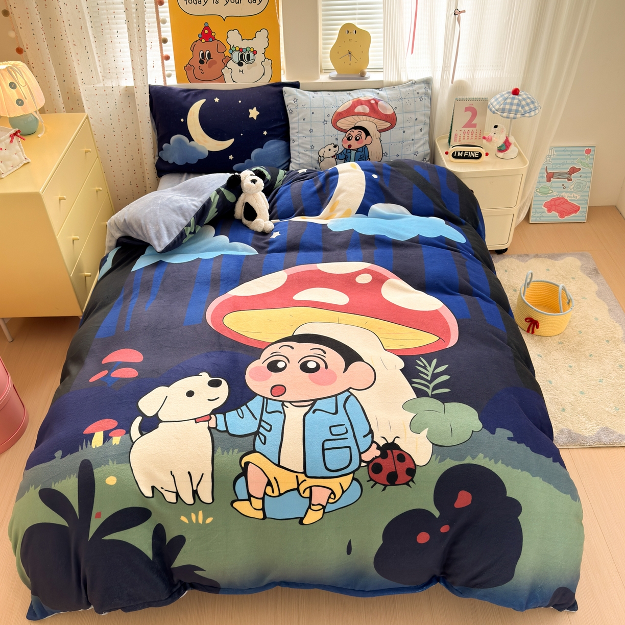 一霖家纺 2025新款大版卡通牛奶绒四件套 星空小新