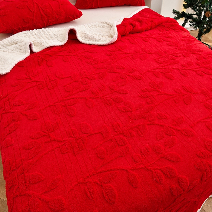 91家纺网 家纺一手货源 找家纺 圣靓 2025新款加厚塔芙绒叶语双层毯子毛毯 叶语红