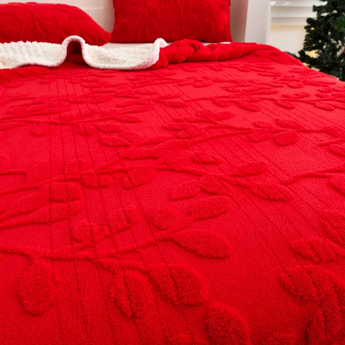 91家纺网 家纺一手货源 找家纺 圣靓 2025新款加厚塔芙绒叶语双层毯子毛毯 叶语红