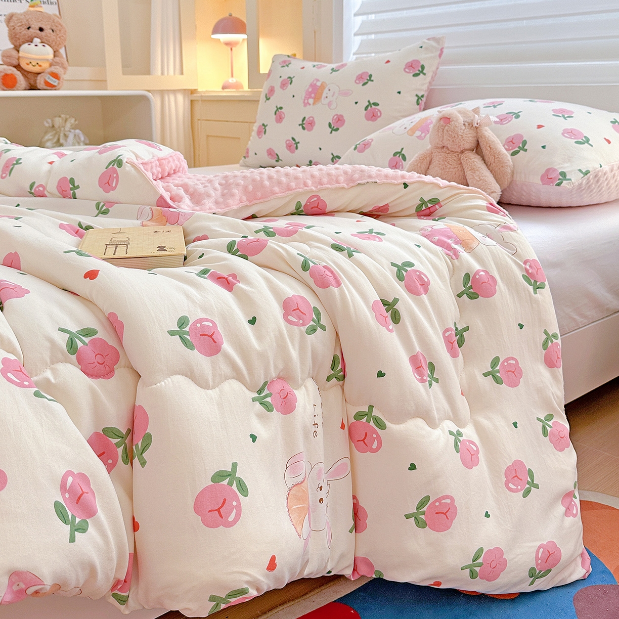 91家纺网 家纺一手货源 找家纺 昊川家纺 2025新款A类水洗双层纱豆豆被春秋被冬被被子被芯 蔓塔玫瑰