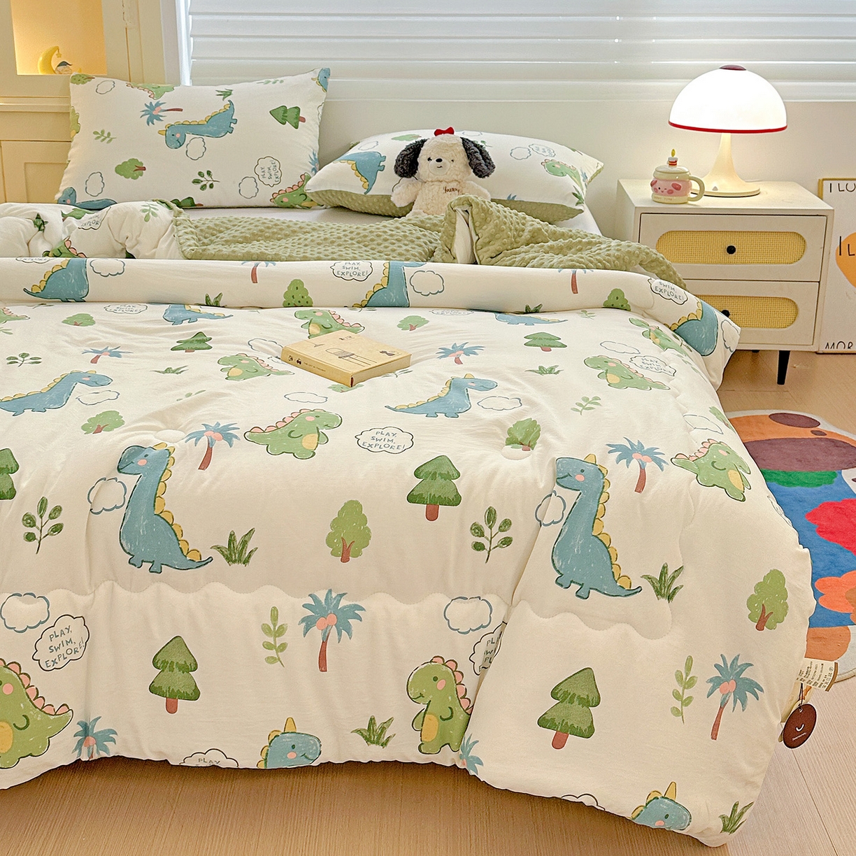 91家纺网 家纺一手货源 找家纺 昊川家纺 2025新款A类水洗双层纱豆豆被春秋被冬被被子被芯 恐龙星球