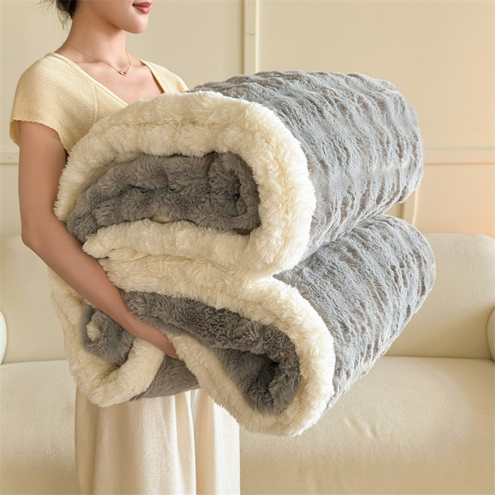 91家纺网 家纺一手货源 找家纺 2025新款泡泡绒毛毯仿兔毛绒毛毯毯子 科伦娜兔毛绒-灰