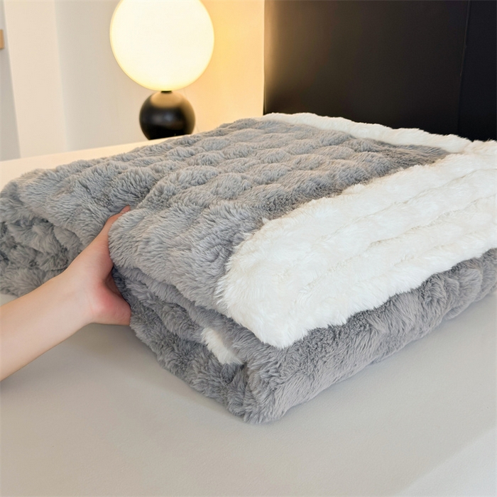 91家纺网 家纺一手货源 找家纺 2025新款泡泡绒毛毯仿兔毛绒毛毯毯子 科伦娜兔毛绒-灰